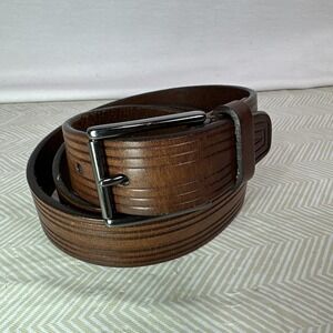 Cole Haan Belt Mens Brown Leather Size 36 / 90cm Silver Buckle‎ Stripe Detailing